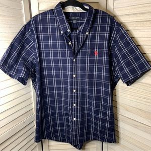 US Polo Assn Navy Blue and White Stripe Plaid Casual Button Down Polo Shirt